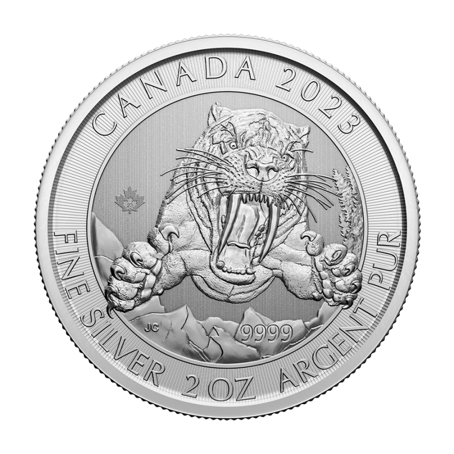 silver coin ice age saber-toothed tiger 2 ounces reverse