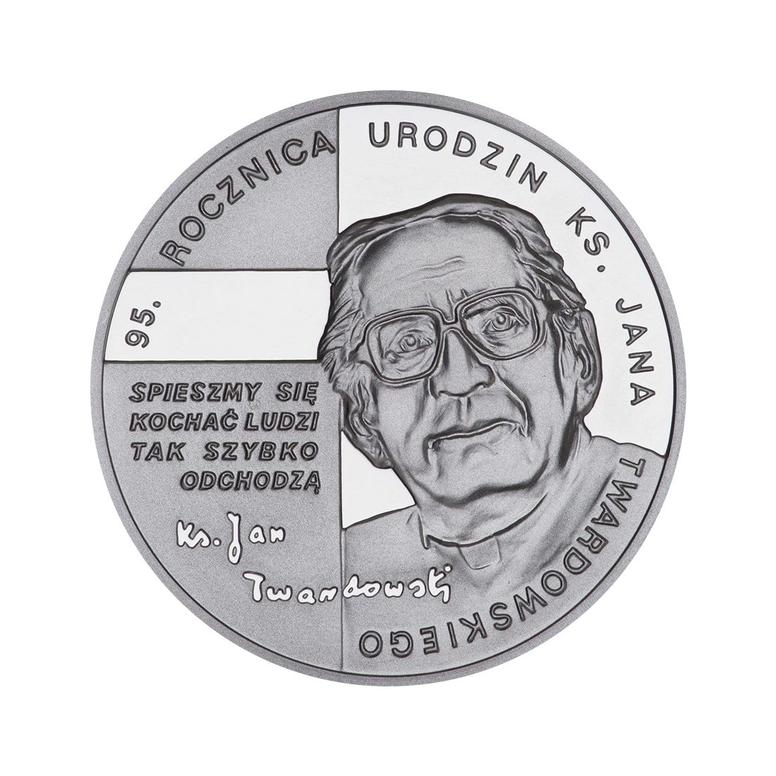 Silver coin commemorating the 95th anniversary of the birth of Father Jan Twardowski