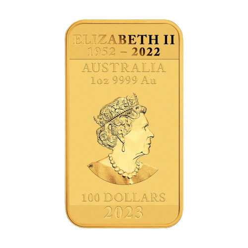 1-ounce rectangular gold coin featuring a dragon – obverse