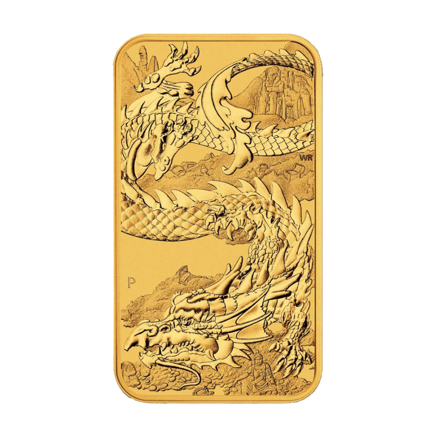 1-ounce rectangular gold coin featuring a dragon – reverse side