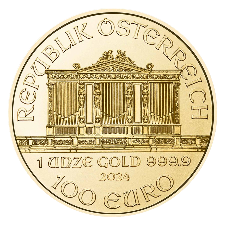 gold coin Vienna Philharmonic 1 ounce current year obverse