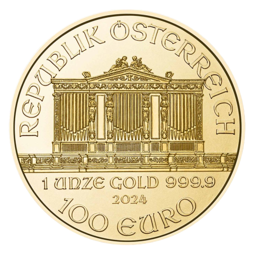 gold coin Vienna Philharmonic 1 ounce current year obverse
