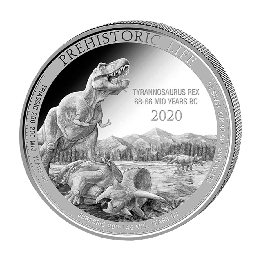 Silver Coin: Congo Prehistoric Life T-Rex 1 Ounce (Obverse)