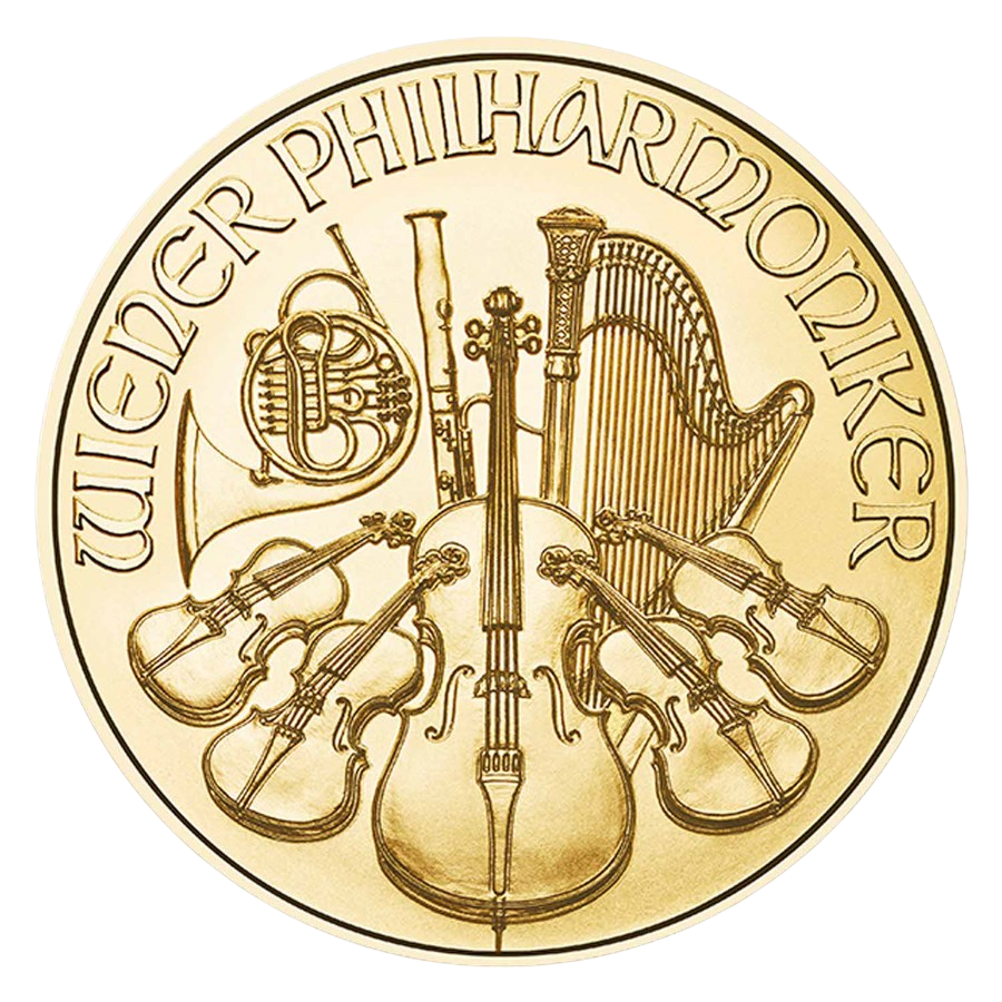 gold coin Vienna Philharmonic 1 ounce current year reverse