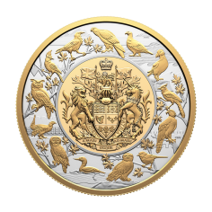 silver coin - heraldic landscape - birds of Canada - reverse