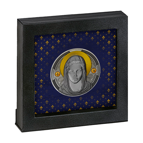 silver coin, Mother of God, 2000 CFA francs, packaging