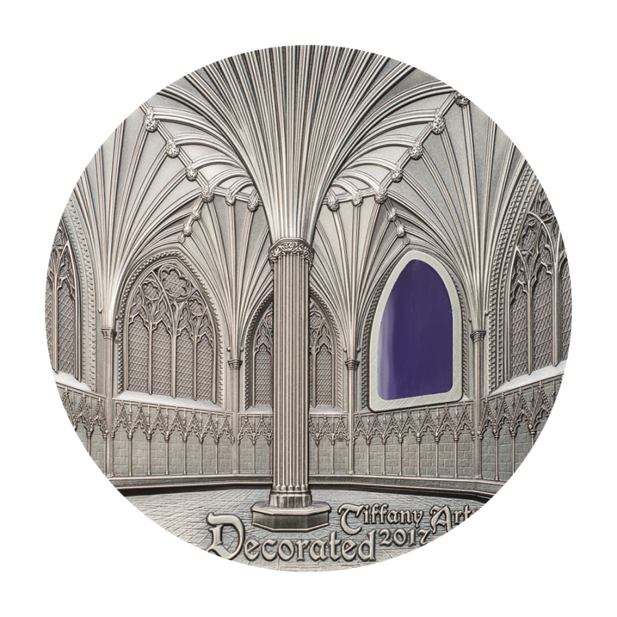 silver coin decorated with artistic Tiffany design on the reverse side