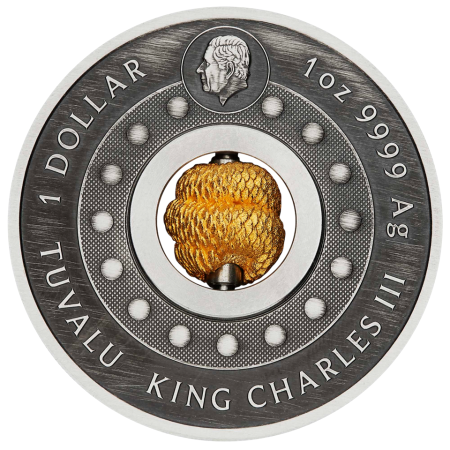 silver coin with rotating center, Year of the Snake 2025, obverse