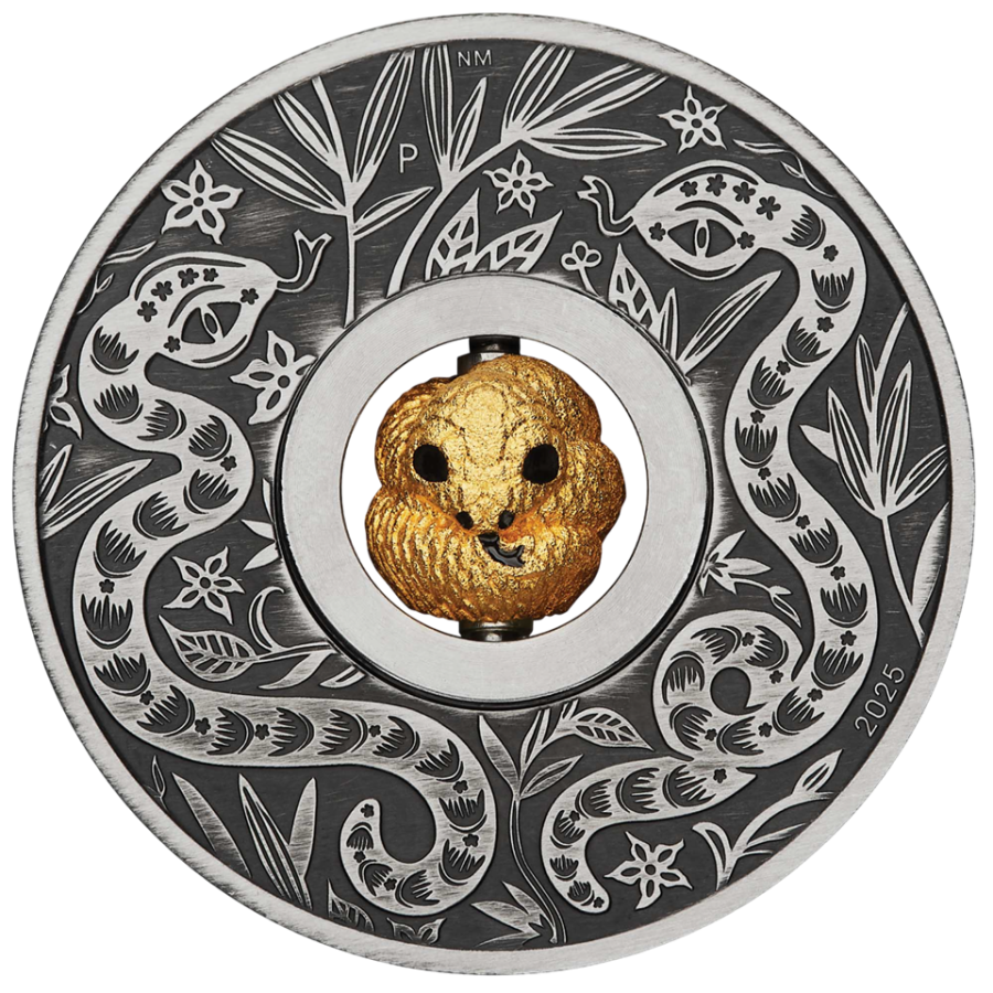 silver coin with rotating center, Year of the Snake 2025, reverse side