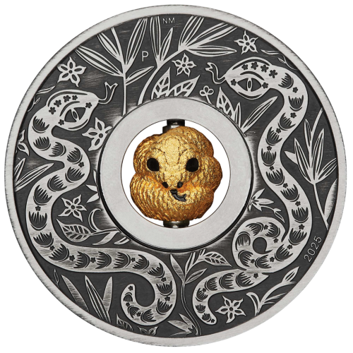 silver coin with rotating center, Year of the Snake 2025, reverse side