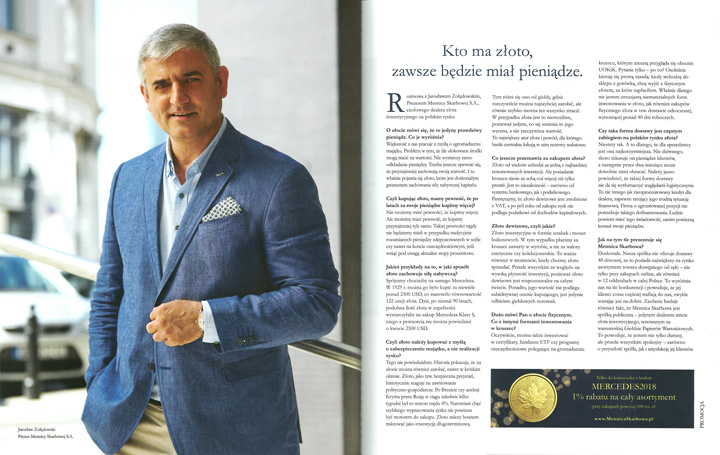 Kto ma złoto zawsze będzie miał pieniądze. - Jarosław Żołędowski, prezes Mennicy Skarbowej, w wywiadzie dla Mercedes Me